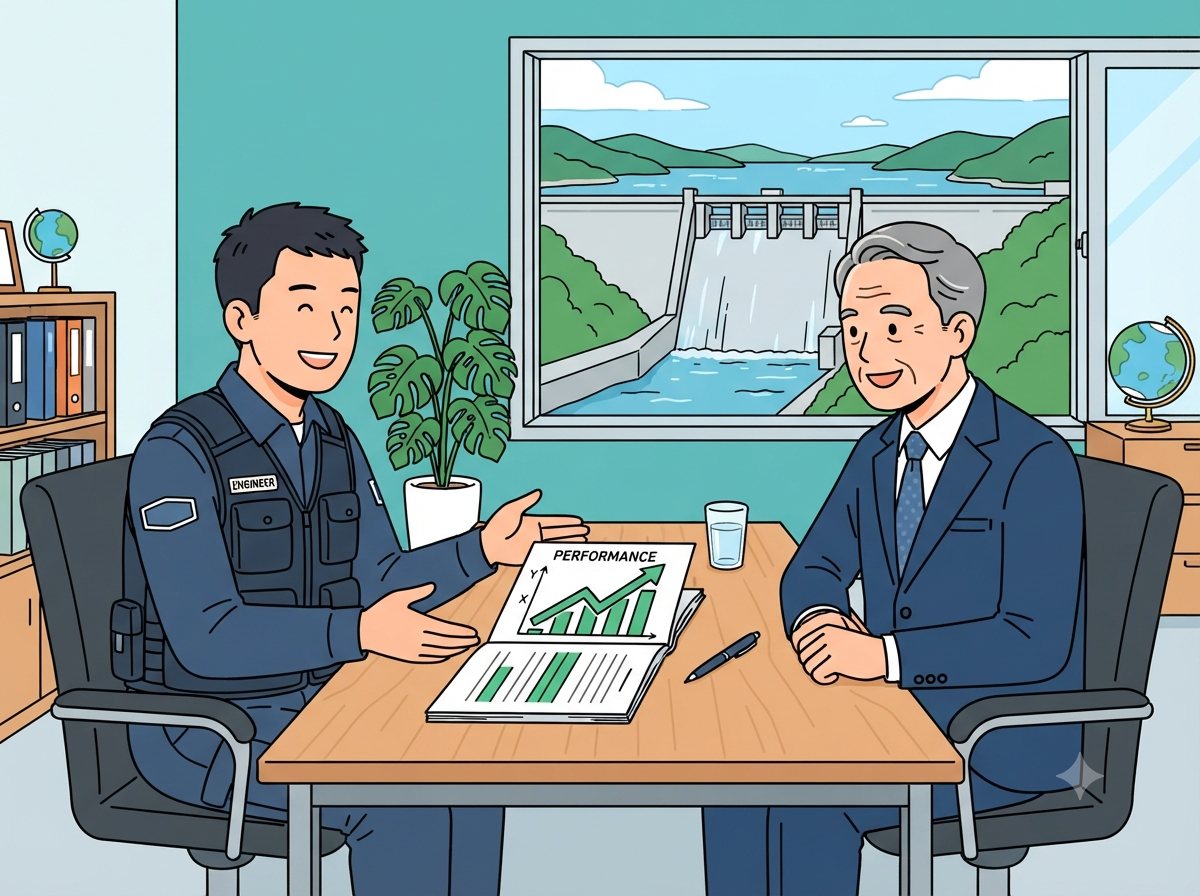 第一格：董事长与总工程师对话，窗外是水坝