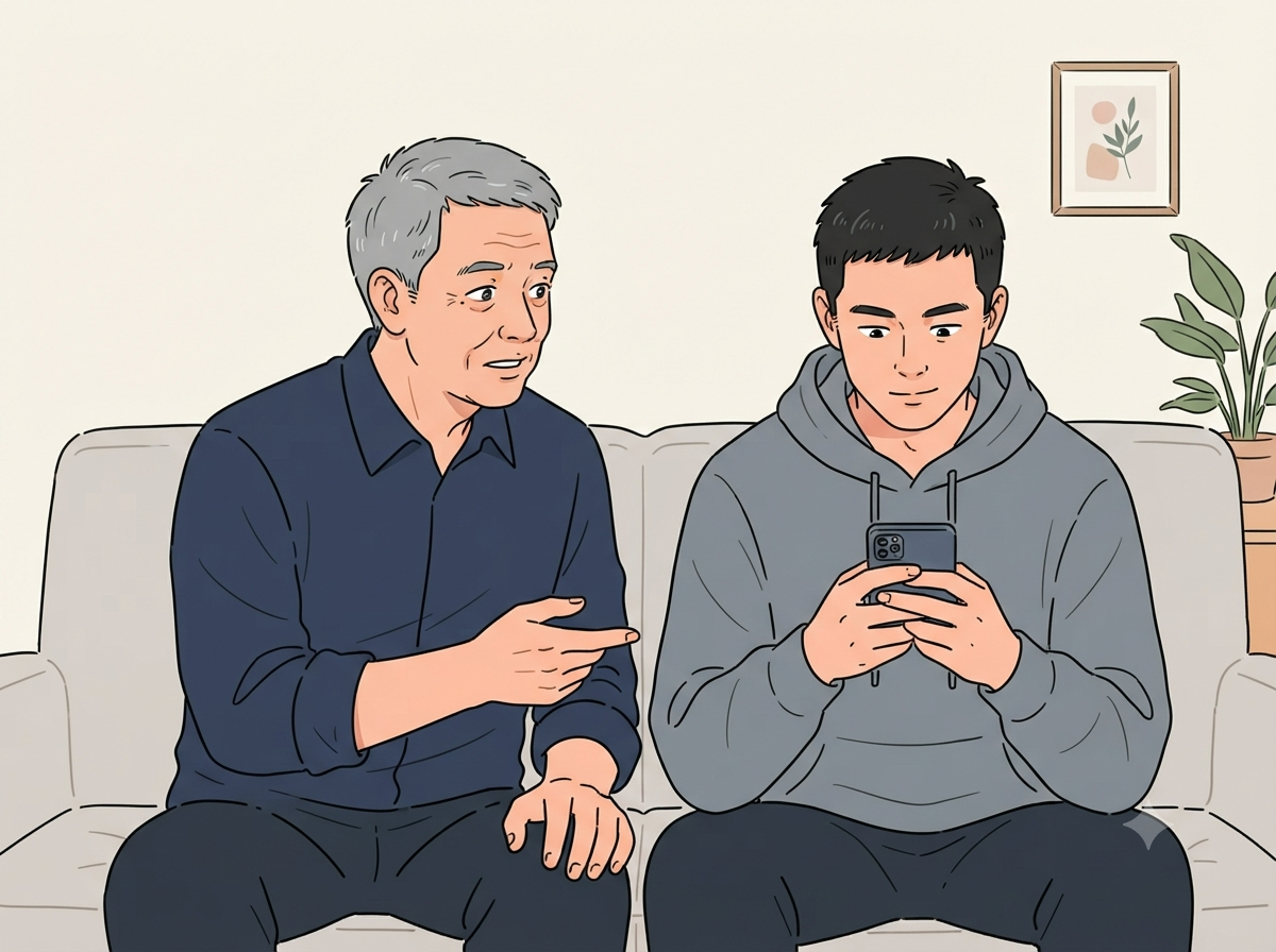 第三格：张三和李四坐在沙发上，张三疑惑，李四玩手机
