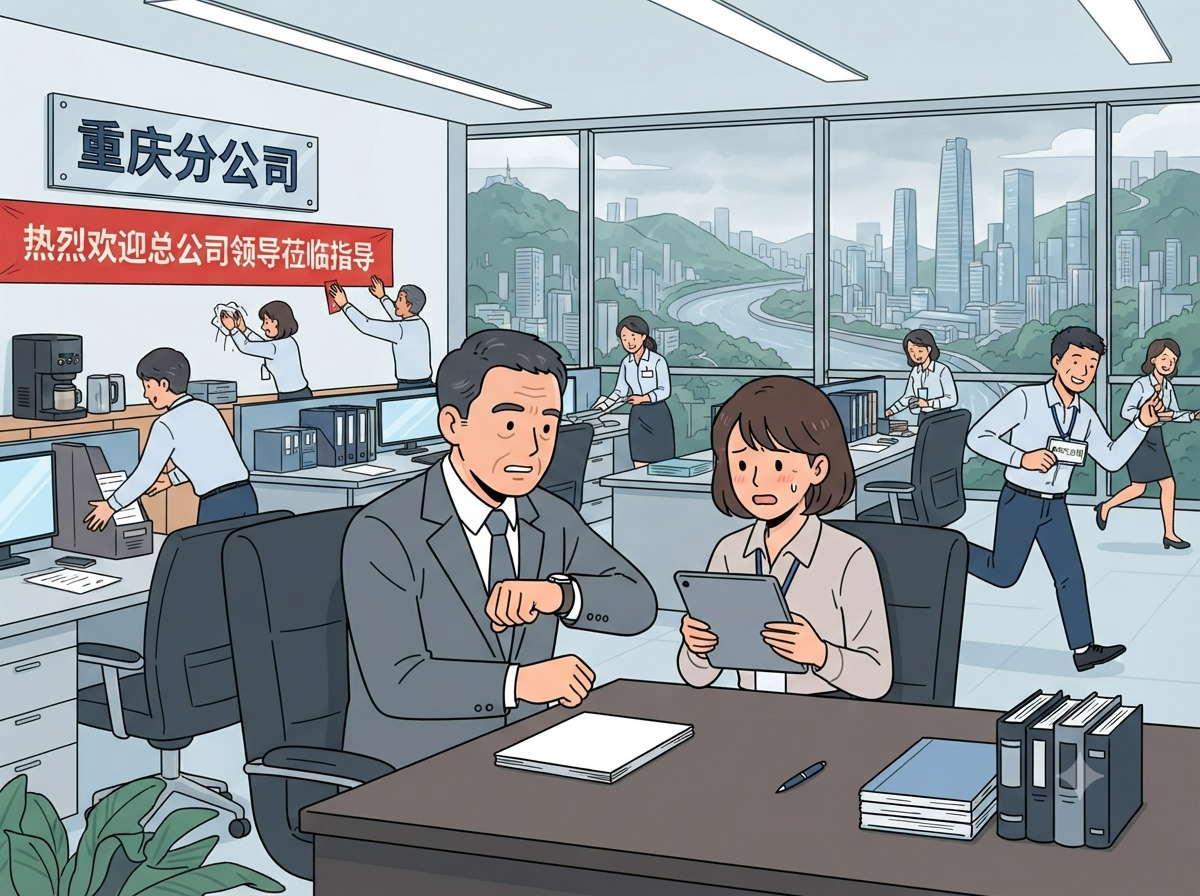 第四格：重庆分公司员工正筹备迎接领导视察